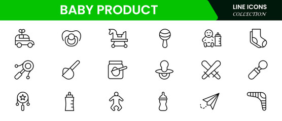 Adorable vector web line icons depicting baby products, diapers, bottles, strollers, and nurturing essentials for infant care and comfort.