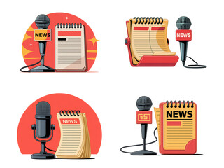 News Reporter Equipment Set – Microphone, Notepad, Journalism Tools Vector, PNG
