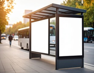 Urban bus stop with blank advertising panels at sunset city street scene