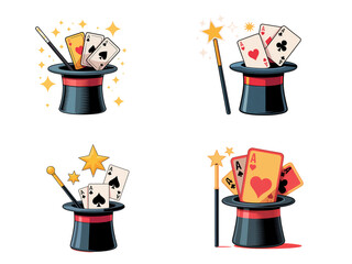 Magic Hat with Wand and Playing Cards Vector Illustration – Magical Trick Theme, magician equipment