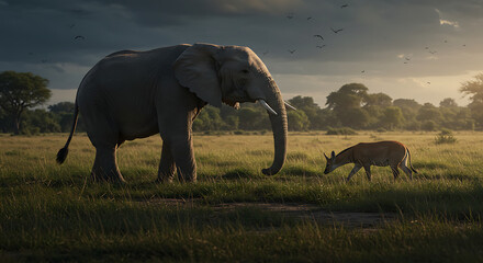 Fototapeta premium Majestic Elephant and Nyala Encounter at Sunset in African Savanna