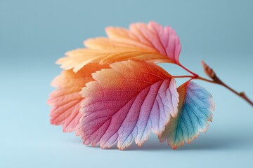 Vibrant multicolored leaf on blue background in close-up photography