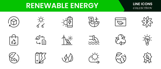Eco-friendly vector web line icons depicting renewable energy, solar panels, wind turbines, sustainability, and green power solutions.