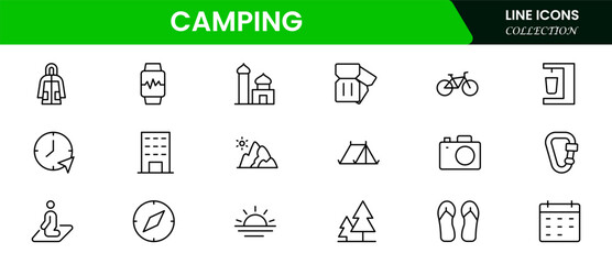 Adventurous vector web line icons depicting camping, tents, campfires, hiking gear, and outdoor exploration for nature enthusiasts.