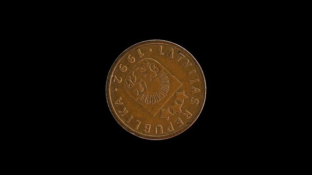 Latvia 1992 1 santims coin obverse featuring small coat of arms rotating on black background