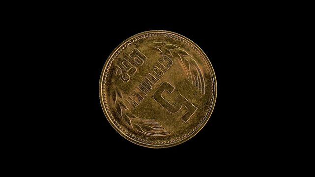 Bulgaria 1962 5 stotinki coin reverse showing denomination and grain sprigs rotating on black background