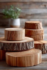 Rustic wooden tree slices for crafts and decoration on wooden background