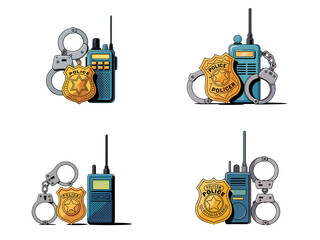 Police Officer Equipment Vector – Badge, Radio, Handcuffs, and Law Enforcement Tools