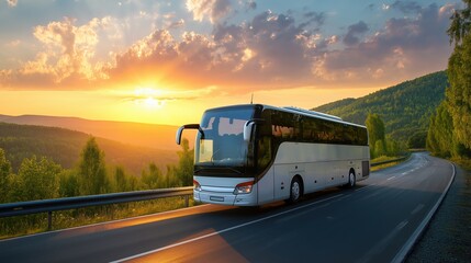 A white bus travels along an asphalt road surrounded by a line of trees in a rural landscape at sunset, with distant mountains visible. A scenic and peaceful countryside transportation scene.