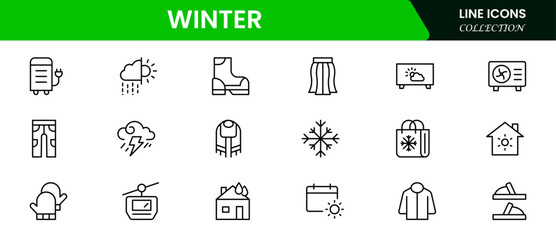 Chilly vector web line icons depicting winter, snowflakes, ice, scarves, and cozy seasonal elements for frosty adventures and warmth.