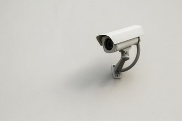 Security camera mounted on white wall monitoring area with clear background