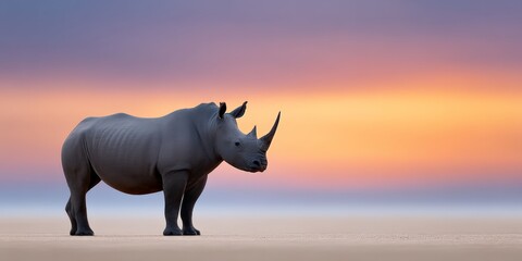 Fototapeta premium Majestic rhinoceros at sunset on open plain with vibrant sky