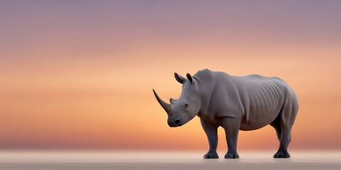 Fototapeta premium Majestic rhino standing on vast plain at sunset with vibrant sky