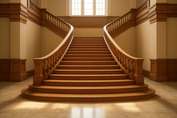 Elegant wooden staircase with curved handrails and warm lighting in classic interior