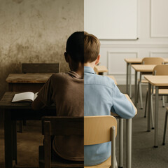 Boy sitting at old and modern school desk showing contrast of education
