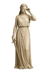 Blindfolded woman statue holding sword with flowing dress, symbolizing justice and fairness
