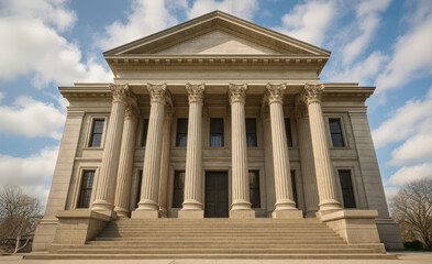 Classical building with large columns and steps under partly cloudy sky