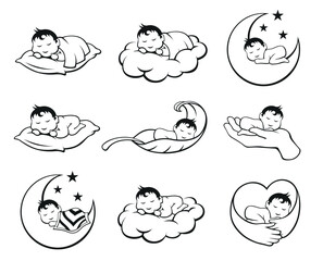 A collection of adorable vector icons depicting sleeping babies in various peaceful poses. The designs include babies sleeping on pillows, clouds, and in hands, conveying tranquility.