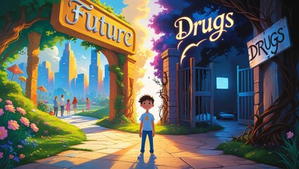 A Boy's Choice Future or Drugs?  Illustrative artwork depicting a crossroads between a bright future and the dark path of drug addiction.
