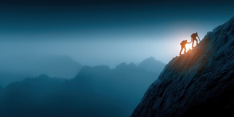 Silhouette of climbers helping each other reach the summit, symbolizing teamwork, determination, and the spirit of shared goals