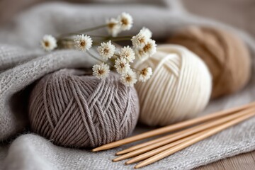 Cozy yarn balls and knitting needles with dried flowers on fabric