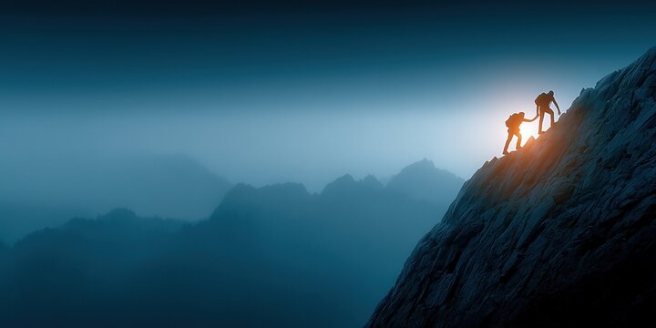 Silhouette of climbers helping each other reach the summit, symbolizing teamwork, determination, and the spirit of shared goals