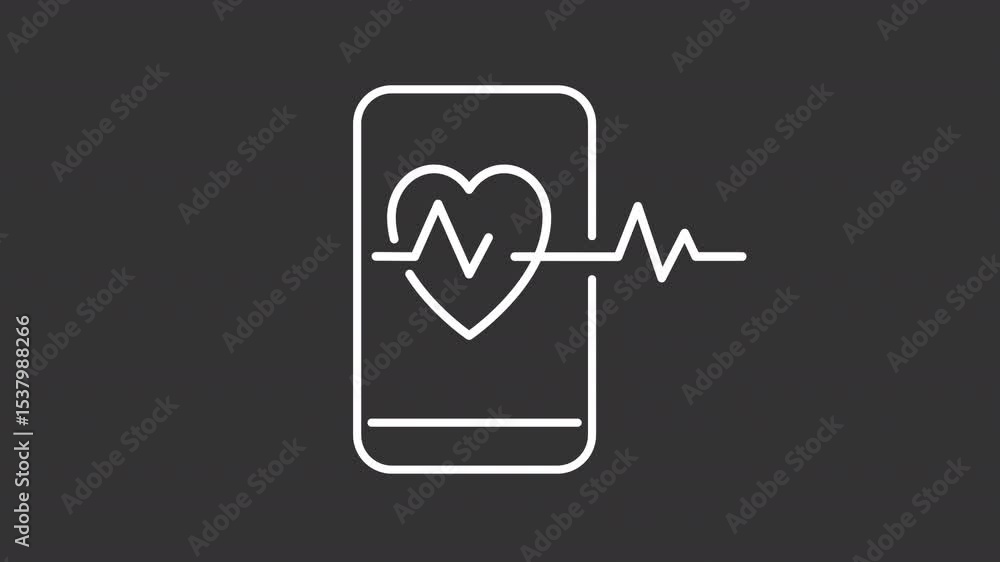 Poster animated heart rate app white line icon. smartphone with open healthcare application animation. tele