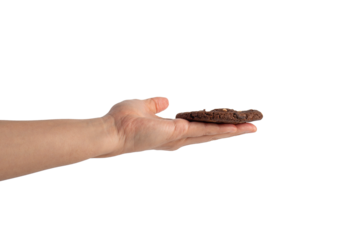 A large chocolate cookie topped with chocolate chips and hand, set against a transparent background.