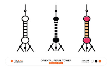 Naklejka premium Oriental Pearl Tower Line Icon. Shanghai, China, Landmark, Silhouette, Color Vector, Editable Stroke.