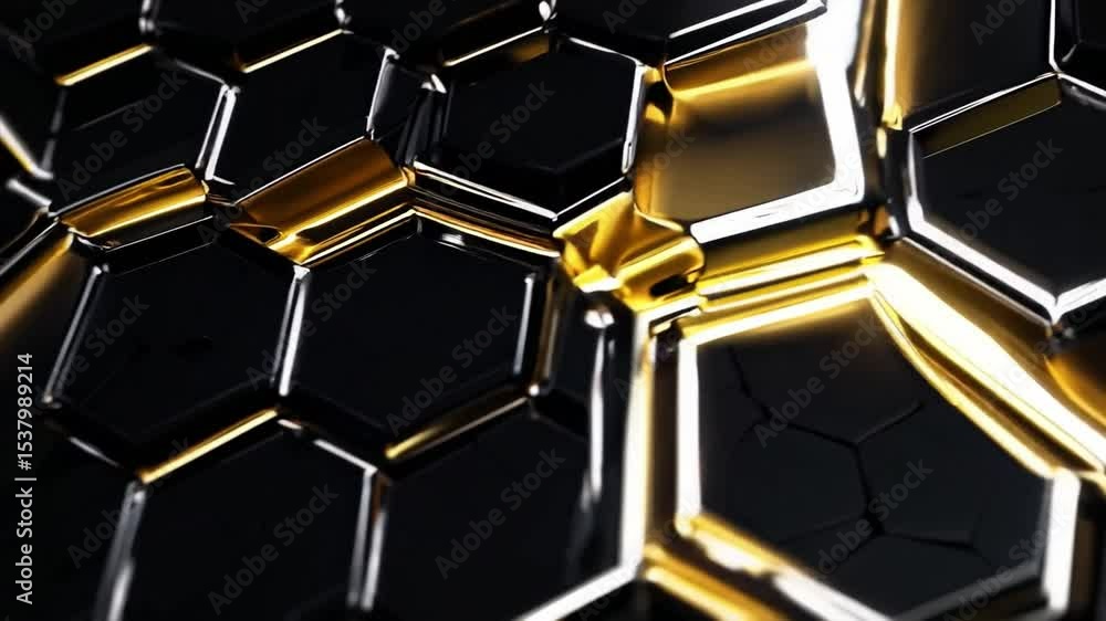 Poster glowing honeycomb pattern with black and gold metallic surface, modern abstract geometric background