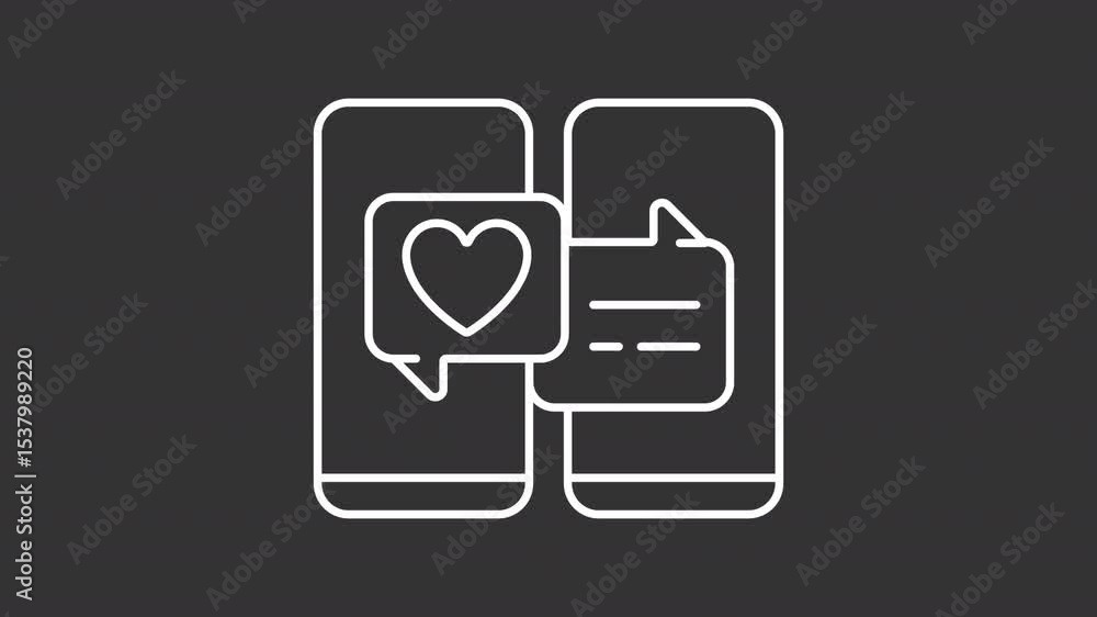 Poster animated onwhite line dating app white line icon. finding romantic partner on internet animation. se