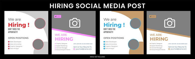 Modern and creative hiring square banner template design for social media post  We are hiring job vacancy social media post template set, vacant recruitment marketing web banner square flyer poster de
