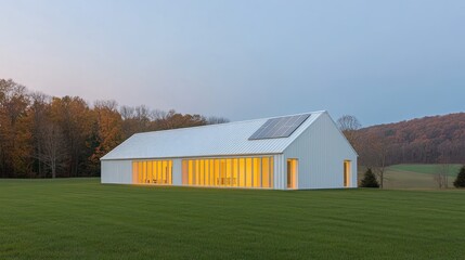 Obraz premium Modern white building with large windows on a grassy field.
