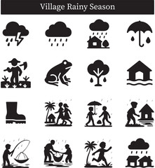 Village Rainy Season Icon Set | Rural Monsoon Silhouette Graphics