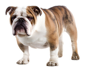 Fototapeta premium Adorable Bulldog dog PNG transparent isolated image showcasing its distinctive wrinkled face and sturdy build.