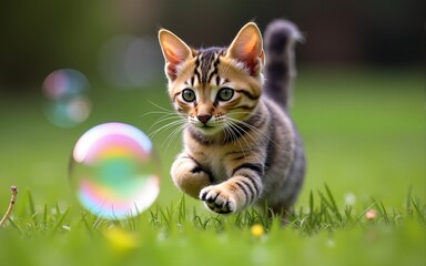 Striped cat playfully chases iridescent bubbles on green grass. High quality