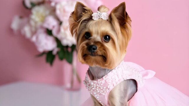 Adorable Yorkshire Terrier puppy wearing a pink tulle dress with a bow in its hair sits against a pink backdrop with flowers.