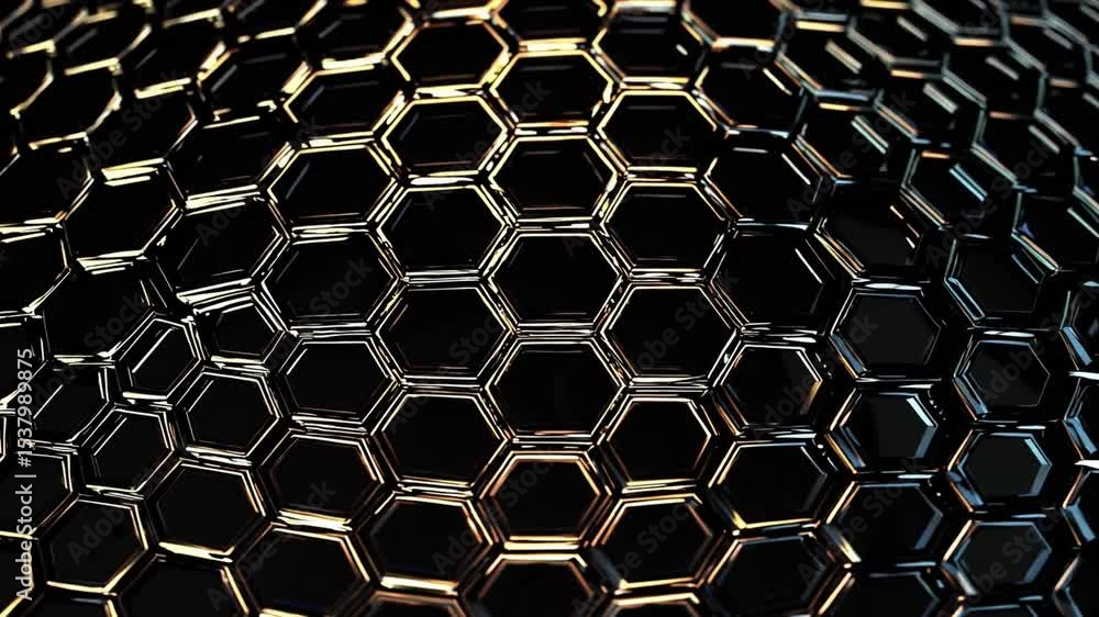 Poster glowing honeycomb elegance with metallic hexagon pattern, abstract geometric surface, modern design,
