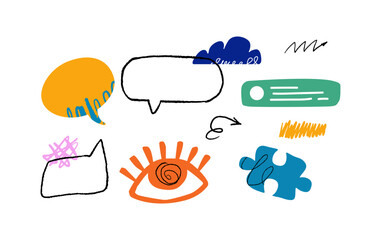 A colorful speech bubbles, an eye, a puzzle piece, a cloud, doodles, hand drawn arrows and various scribbles and a green text box. A dynamic and communicative composition.