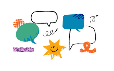 A collection of diverse, hand-drawn graphic stylized elements. Various vivid speech bubbles in different shapes, a smiley star, and abstract scribbles and forms.