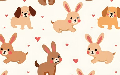Adorable Cartoon Dogs and Rabbits Seamless Pattern Cute Animal Illustration. High quality