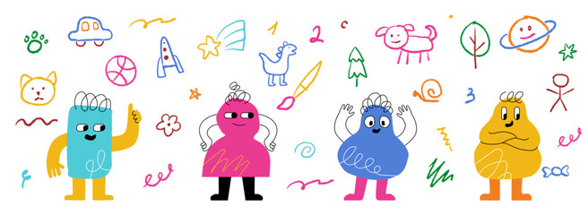 Funny multicolored childish characters surrounded by kindergarten pencil drawings. Chalk hand drawn monsters in different poses and doodles around.