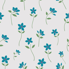 Seamless vector pattern featuring blue minimalist flowers with green stems and white background. perfect for fabric, wallpaper, and stationery design.