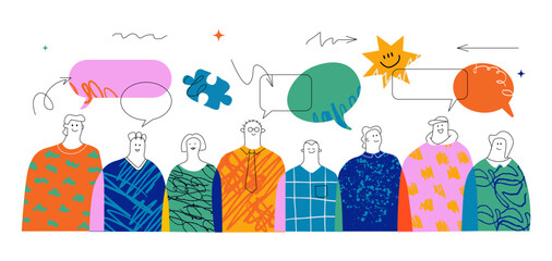 A multicolored abstract crowd of people with different speech bubbles and doodles above them. The concept of bond in society, individuality and diverse in the crowd in the style of a collage.