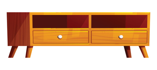 Wooden TV cabinet with open shelves and two drawers for living room interior. Vector cartoon illustration
