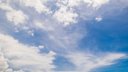 Obraz premium clear blue sky background,clouds with background, Blue sky background with tiny clouds. White fluffy clouds in the blue sky. 