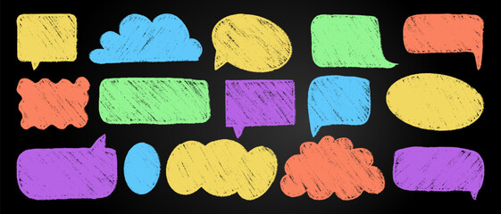 A collection of vivid hand-drawn chalk text boxes, speech bubbles, and balloons on a blackboard. Various children's-style design elements for notice and memo.