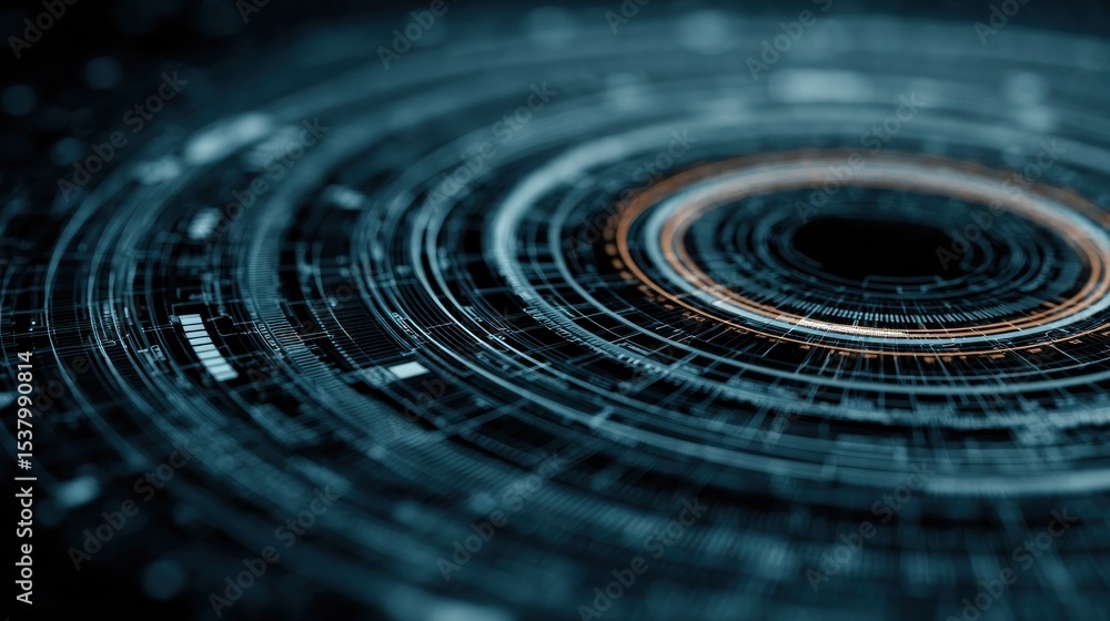 Poster abstract data visualization illustrating concentric circles with digital patterns in blue tones