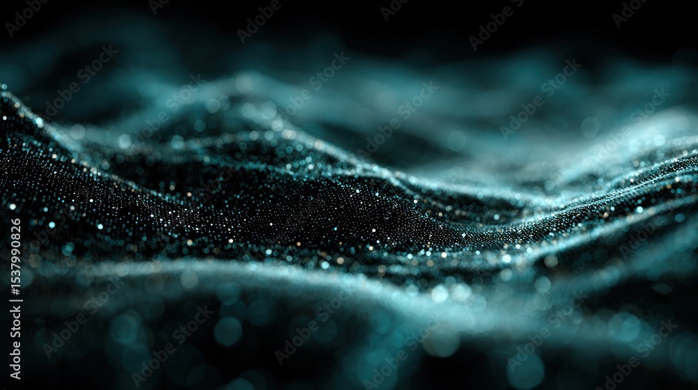 Poster visual representation of flowing waves with sparkling particles in a dark setting