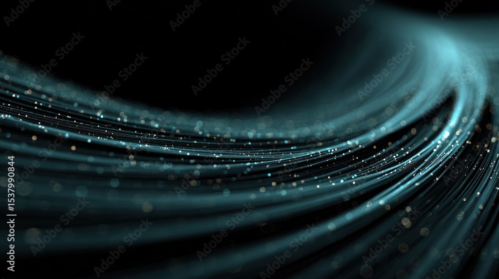 Poster flowing abstract lines with luminous particles in a dark background